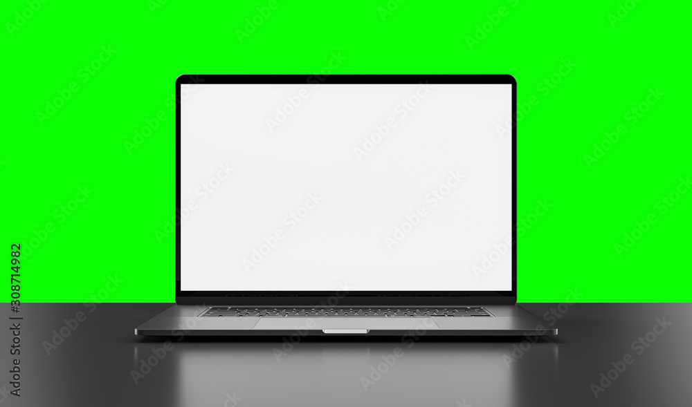 Laptop blank screen on glossy table isolated on green screen. Easy replace the background using color range tool or replace for any video editing purposes Laptop blank screen on glossy table isolated on green screen. Easy replace the background using color range tool or replace for any video editing purposes
