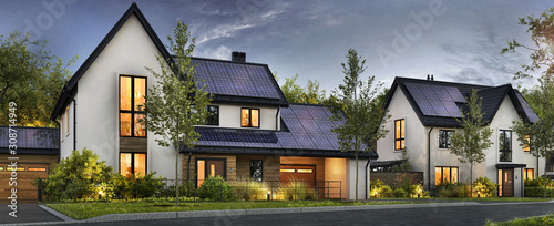 Beautiful houses with solar panels on the roof