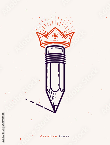 Pencil with crown, vector simple trendy logo or icon for designer or studio, creative king, royal design, linear style.