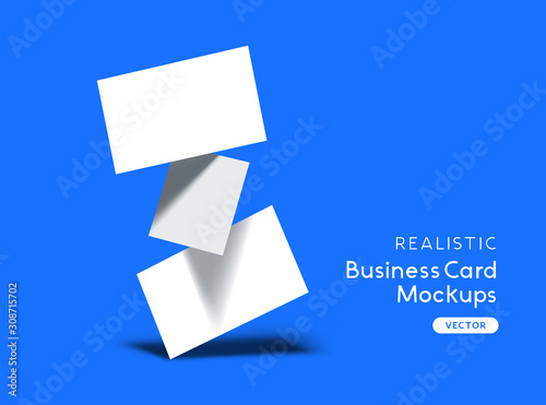 A stack of floating business cards on a blue background. Brand identity mockup design with shadows. Vector illustration.