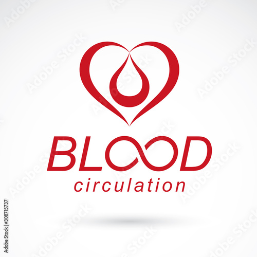 Vector red heart with blood circulation inscription. Medical theme vector graphic symbol.