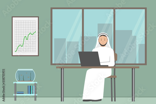 Arab boss in white kandura working in his office. Vector illustration.