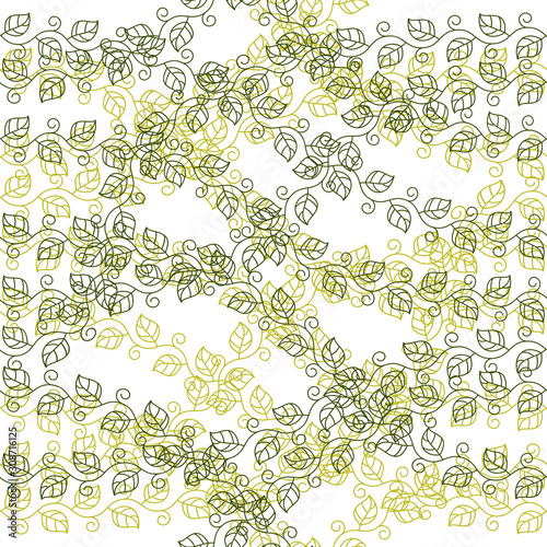 Floral seamless pattern with leaves and branches, vector green fabric background. Tangled stems, garden and forest nature life theme.