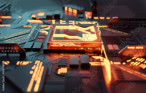 A futuristic glowing CPU quantum computer processor. 3D illustration.