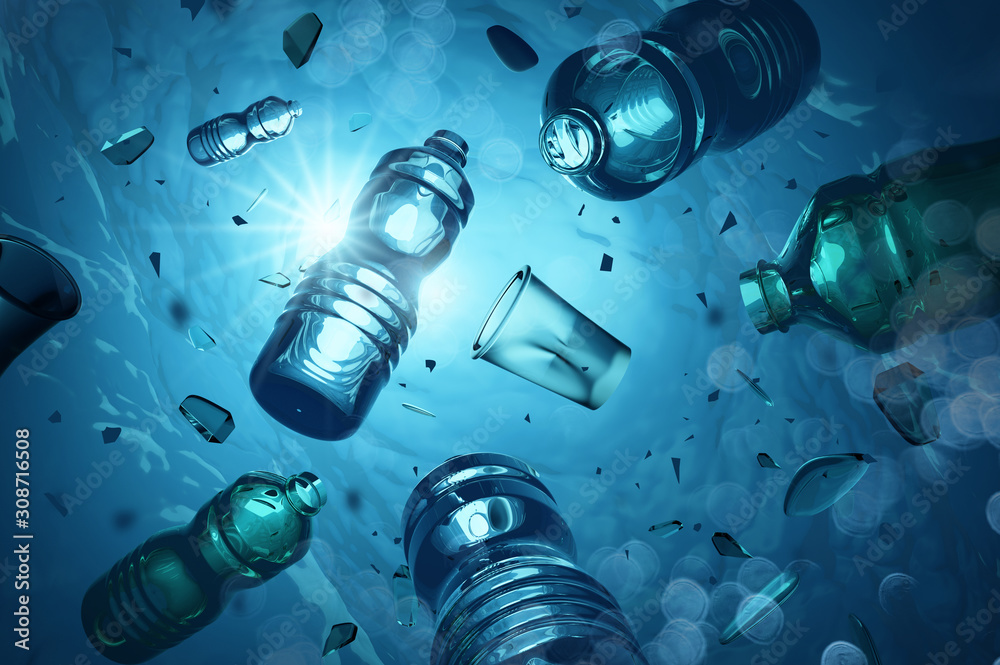 Fototapeta Problem z plastikowymi butelkami i mikroplastikami pływającymi w otwartym oceanie. Pojęcie zanieczyszczenia morskiego tworzyw sztucznych. Ilustracja 3D