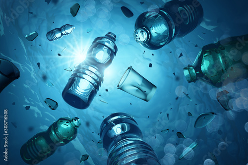 Problem plastic bottles and microplastics floating in the open ocean. Marine plastic pollution concept. 3D illustration