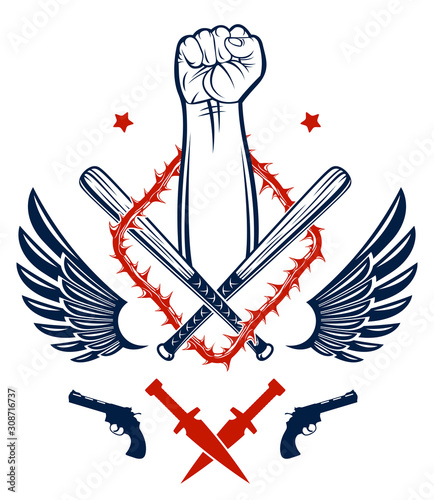 Anarchy and Chaos aggressive emblem or logo with strong clenched fist, weapons and different design elements , vector vintage style tattoo, rebel rioter partisan and revolutionary.