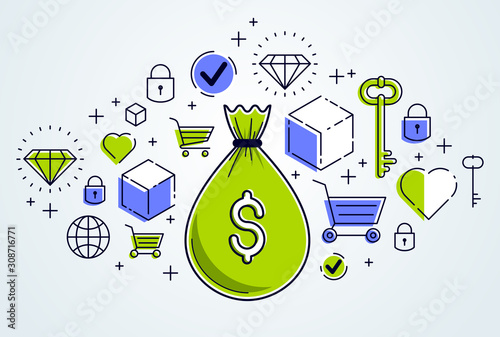 Money bag and icon set vect...