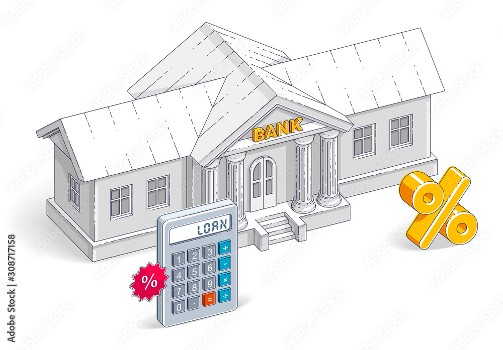 Credit concept, bank building with calculator isolated on white background,  banking theme. Vector 3d isometric business and finance illustration, thin  line design. vector de Stock | Adobe Stock