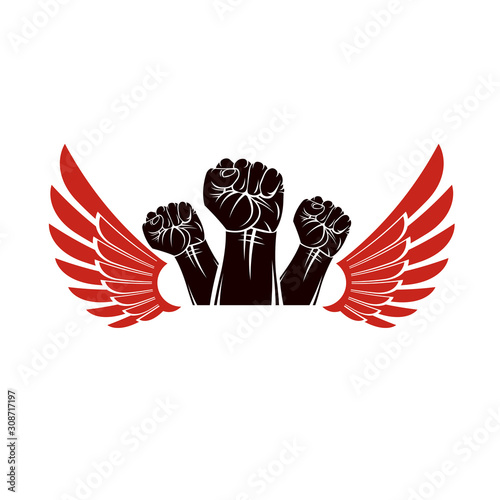 Winged clenched fists of angry people vector emblem. People demonstration, fighting for their rights and freedom.