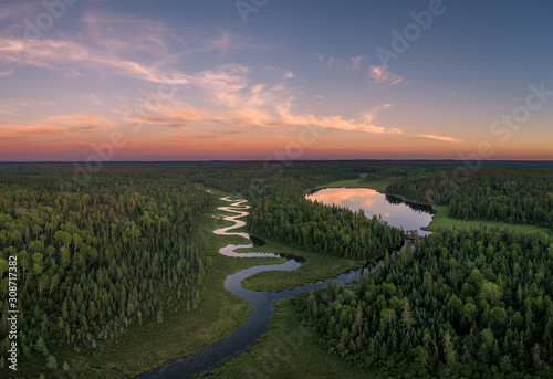 An aerial view of a winding Clearwater Creek in Northwest Ontario, Canada. photo