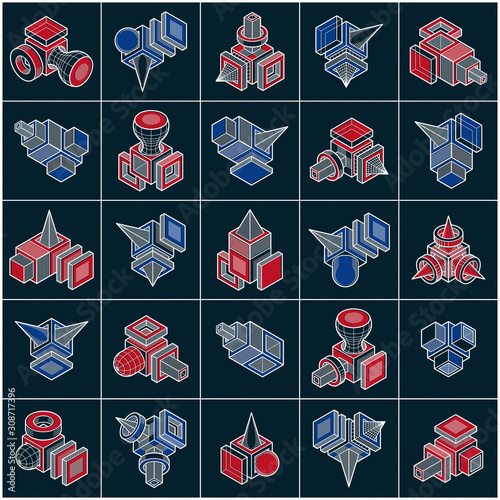 Different engineering constructions collection, abstract vectors set.