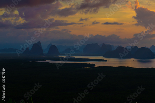 Mangrove forest sea bay silhouette mountain nature landscape © themorningglory