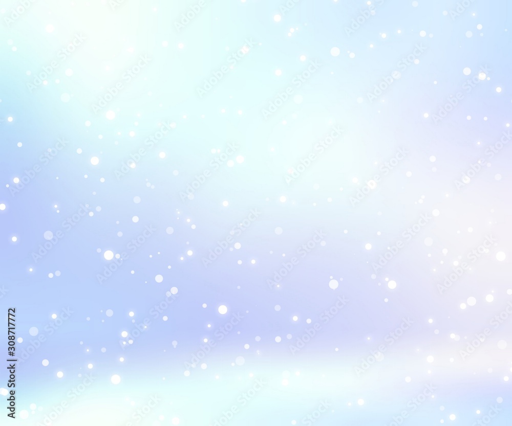 Fallen snow in blue gleam empty space 3d illustration. Winter decoration. Subtle light background.