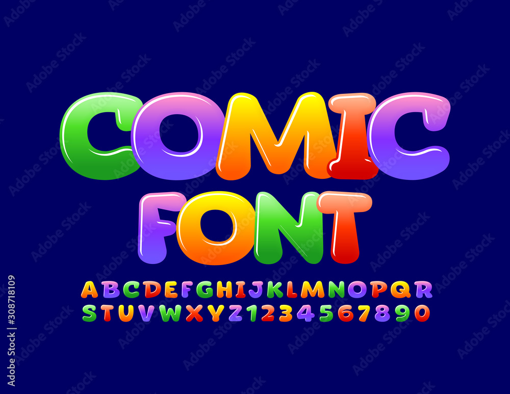 Vector Playful Comic Font. Colorful Glossy Alphabet Letters and Numbers.