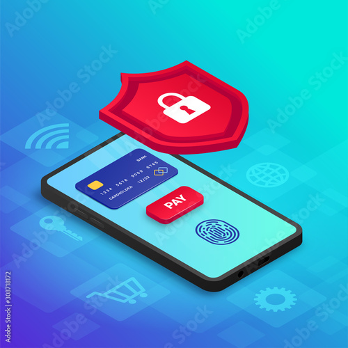 Secure mobile payment bannerSecure mobile payment isometric banner concept design. 3d smartphone with credit card, fingerprint, button pay on screen behind shield. Online money safety, e-wallet securi