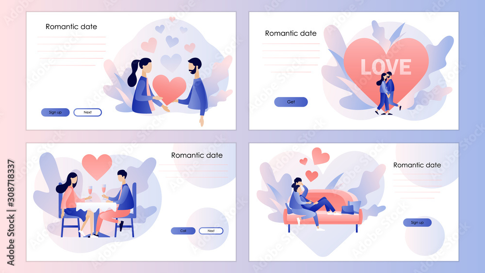 Fototapeta premium Loving couple. Romantic date concept. Characters Valentine day set. Screen template for mobile smart phone, landing page, template, ui,web, mobile app, poster, banner, flyer. Modern flat cartoon style