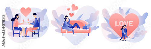 Loving couple spending time or relaxing together. Romantic date concept. Characters Valentine day set. Modern flat cartoon style. Vector illustration on white background