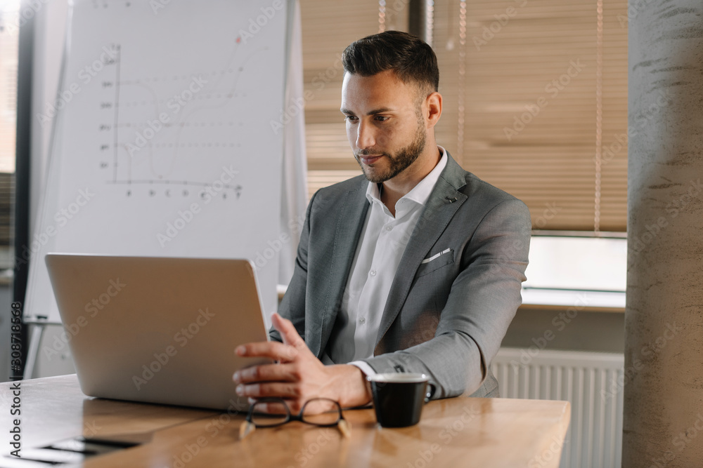 Handsome businessman in office. Successful man in suit working in office. Handsome businessman in office. Successful man in suit working in office.