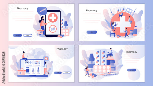 Online pharmacy store concept. Tiny people Pharmacists. Screen template for mobile smart phone, landing page, template, ui, web, mobile app, poster, banner, flyer. Modern flat cartoon style. Vector  © Marta Sher