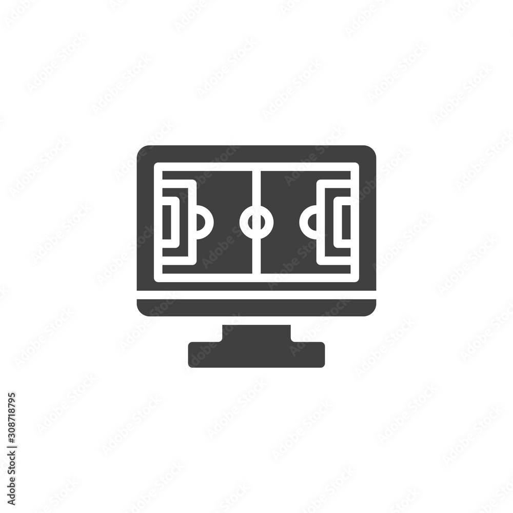 Soccer online vector icon. filled flat sign for mobile concept and web design. Computer monitor with football field glyph icon. Symbol, logo illustration. Vector graphics Soccer online vector icon. filled flat sign for mobile concept and web design. Computer monitor with football field glyph icon. Symbol, logo illustration. Vector graphics