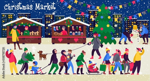 Christmas market, shops with souvenirs. Festive teenagers with shopping bags , adults with kids.
