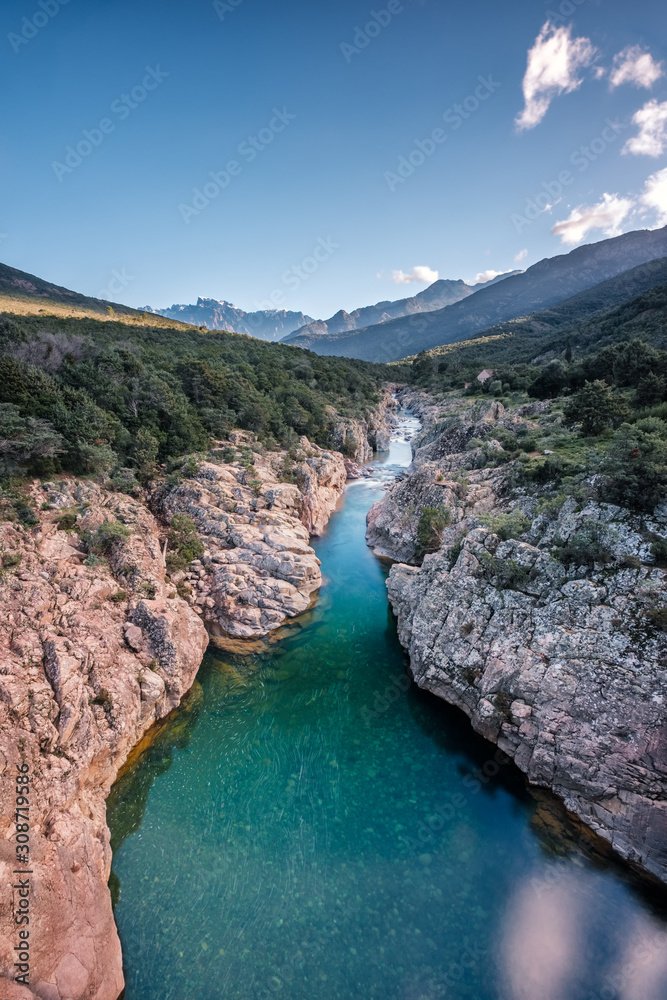 Fango river in Corsica and Paglia Orba mountain Fango river in Corsica and Paglia Orba mountain