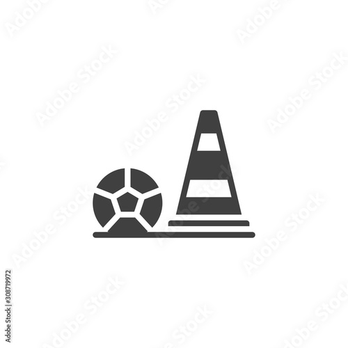 Soccer training vector icon. filled flat sign for mobile concept and web design. Traffic cone and football ball glyph icon. Symbol, logo illustration. Vector graphics