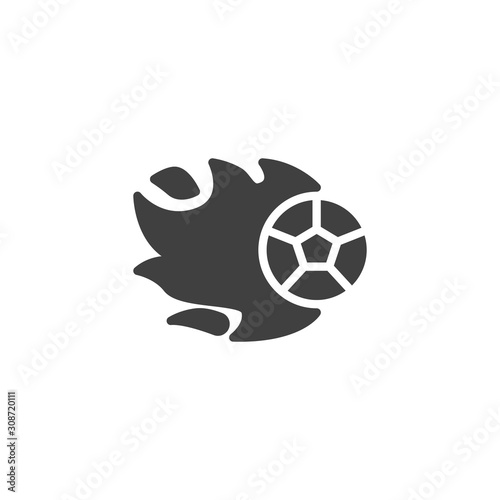 Soccer ball with fire flame vector icon. filled flat sign for mobile concept and web design. Flying football fire ball glyph icon. Symbol, logo illustration. Vector graphics