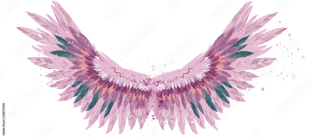 Fototapeta Beautiful magic pink watercolor wings with green feathers