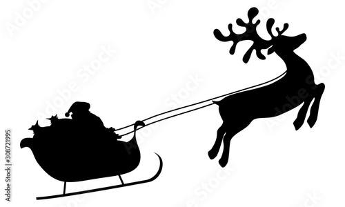 Christmas reindeers are carrying Santa Claus in a sleigh with gifts.