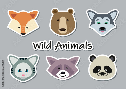 Stickers with cute animal muzzles. Wild animals portrait set with flat design. Vector illustration