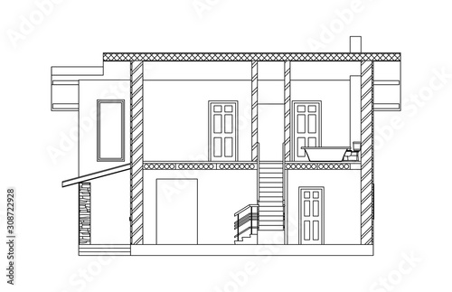 Architectural black and white background. Cross-section suburban house. Modern vector blueprint. Cad model.