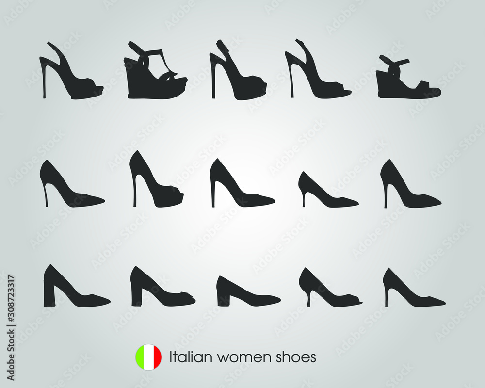 Silhouette of women shoes with heels. High-heeled shoes. Collection of women shoes. Heeled shoes vector.