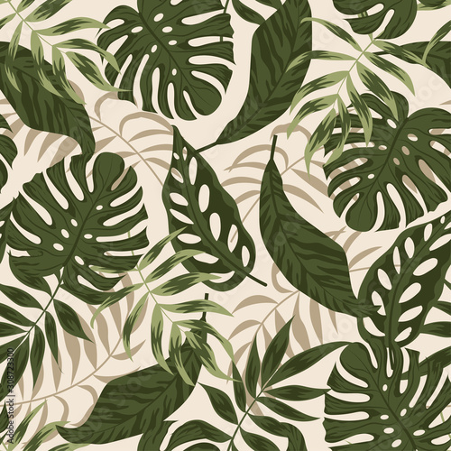 Original seamless pattern. Tropical leaves and plants on white background. Vector background for various surface. Illustration in Hawaiian style. Jungle leaves. Botanical pattern. Exotic wallpaper.