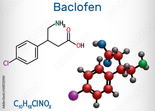 Baclofen molecule C10H12ClNO2, is a medication used to treat muscle spasticity. Structural chemical formula and molecule model