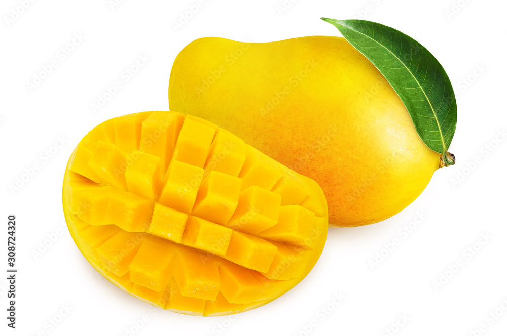 Yellow mango with leaves isolated on white background