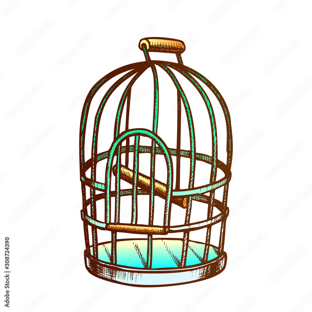 Birdcage For Domestic Parrot Monochrome Vector. Metallic Birdcage For Canary. Pet Shop Accessory Metal Bird Cell Engraving Template Hand Drawn In Vintage Style Color Illustration