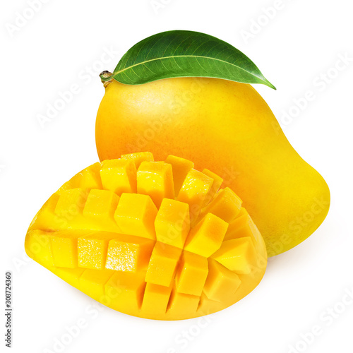 Yellow mango with leaves isolated on white background