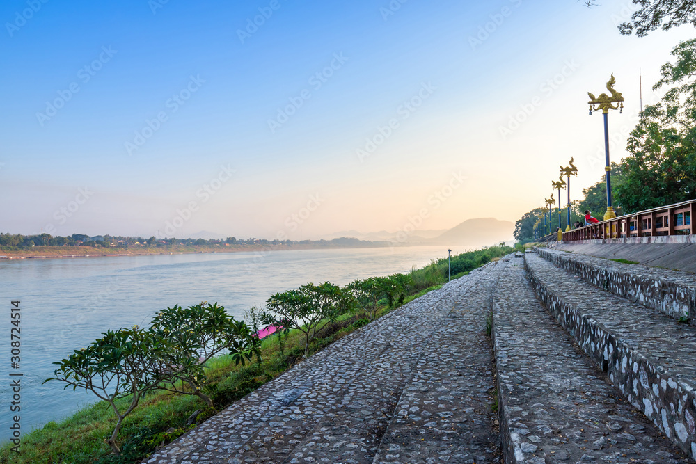 Beautiful view of Riverside the Mekong River at sunrise in the morning at Chiang Khan in Loei province,Thailand