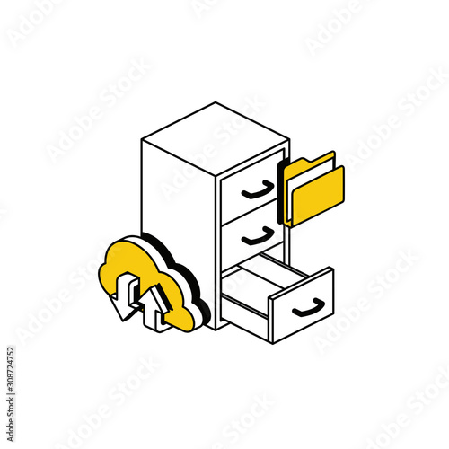 Cloud upload files folder. Vector line, 3d stroke isometric, color web icon, new flat style. Creative illustration design, abstract idea for infographics.