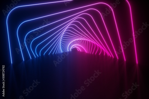 3d illustration, glowing lines, tunnel, neon lights, virtual reality, abstract background