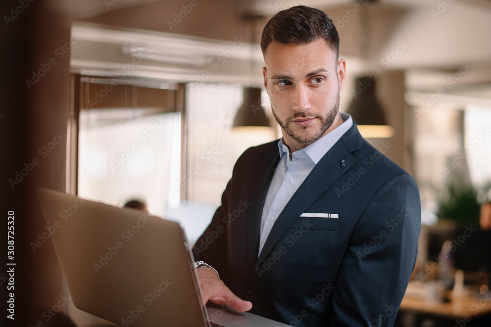 Portrait of handsome businessman. Man with his lap top in office. Portrait of handsome businessman. Man with his lap top in office.