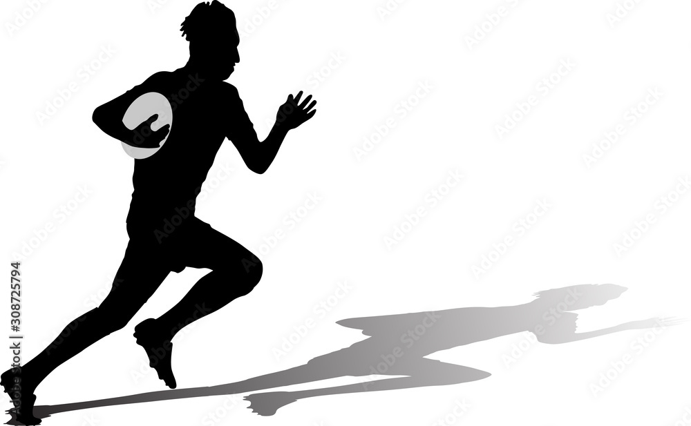 rugby player runs with a ball and shadow