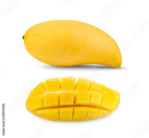 Mango slice cut to cubes isolated on white background.