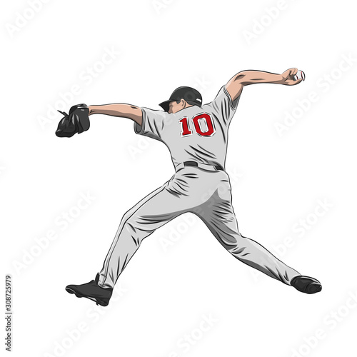 Baseball player, pitcher throwing ball, isolated vector illustration