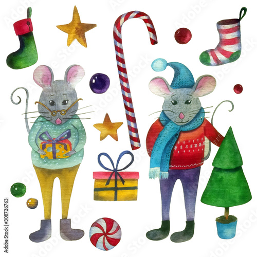 Fototapeta Naklejka Na Ścianę i Meble -  Big watercolor set of christmas decoration items: mice, sweets, gifts, tree, snowflake, stars, socks. Isolated on white background
