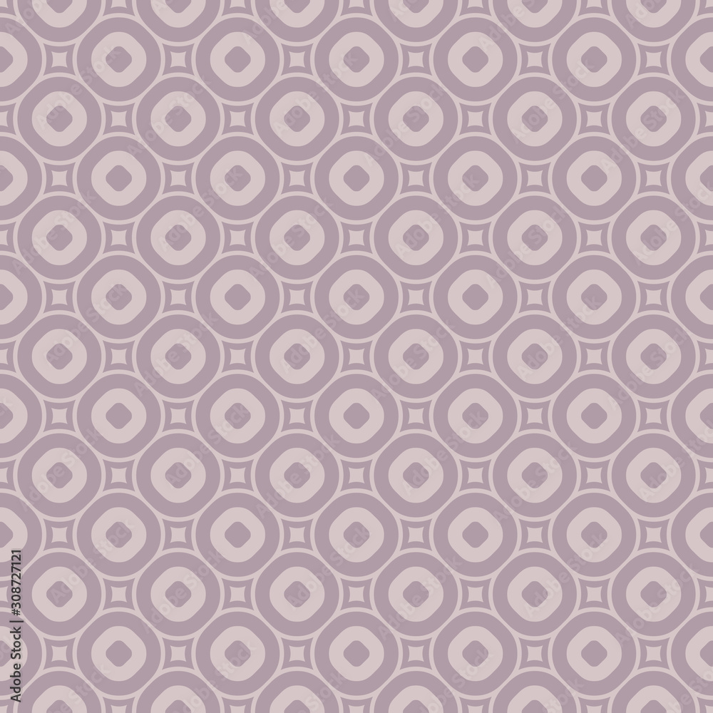 Vector geometric seamless pattern in trendy pastel colors, soft pink and pallid purple. Abstract texture with circles, rings, squares, dots. Simple modern background. Repeat decorative design element