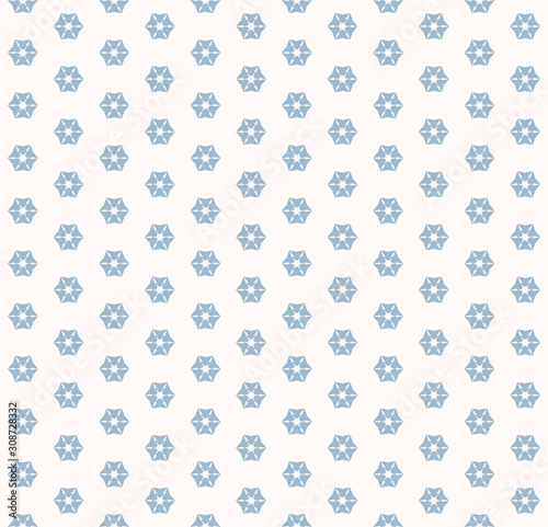 Vector geometric snowflakes seamless pattern. Abstract white and blue texture with small floral shapes, snow flakes. Simple minimalist winter holiday background. Stylish repeatable decorative design