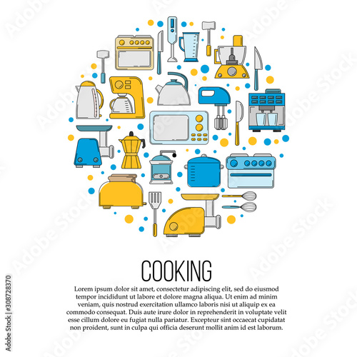 Kitchen tools card concept. culinary illustration in flat style for design and web.